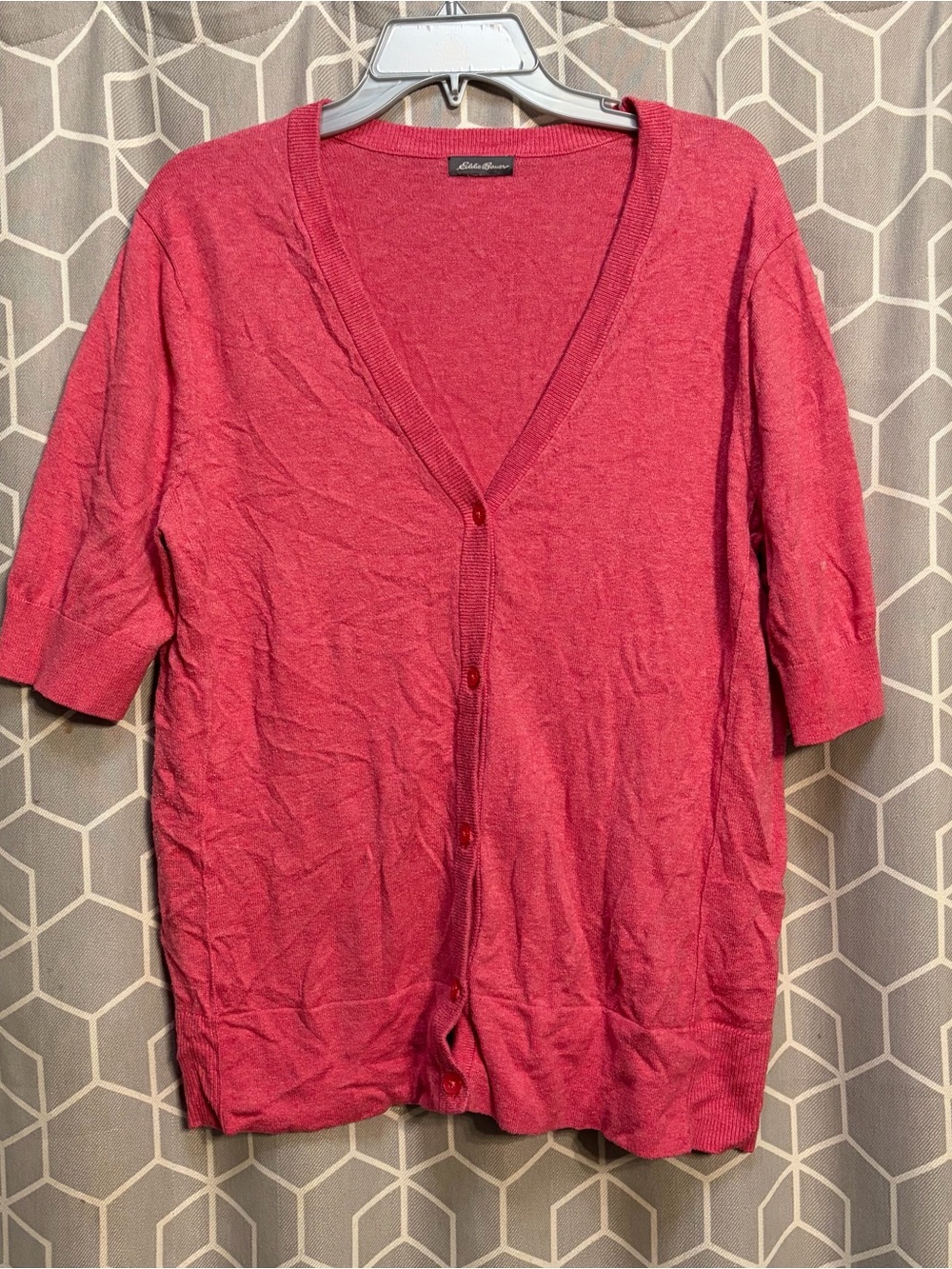 Eddie Bauer Pink Short-Sleeve V‑Neck Button Cardigan